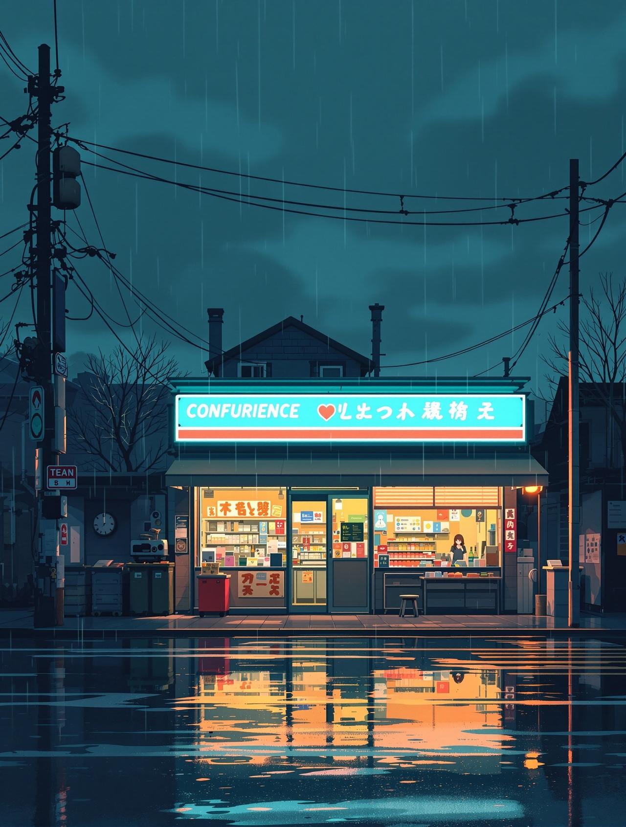 红果短句 - 雨中便利店
